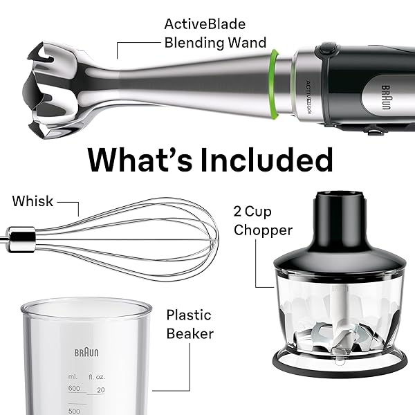 BRAUN MULTIQUICK 7 3-IN-1 IMMERSION BLENDER WITH FOOD PROCESSOR – POWERFUL HANDHELD ELECTRIC STICK – EMULSIFIER FOR CHOPPING, BEATING & WHISKING – IDEAL FOR SOUP, PUREE, SMOOTHIES & MORE