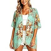 Women's Floral Cardigan Coverups Bohemian Kimono Loose Cover Up Tops Beach Swimsuit Puff Sleeve Blouse Female Chiffon Summer