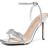 Hsttgsr Silver Heels for Women, 3.15 in Square Open Toe High Heels with Ankle Strappy, Crystal Clear Wedding Shoes for Party