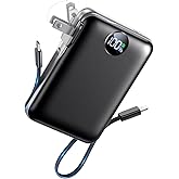 Portable Charger with Built in Cables & Wall Plug,10000mAh Power Bank, 4 Outputs,22.5W USB C Fast Charging,Slim Travel Essential Battery Pack with LED Display for iPhone 17/16/15/14 Series,Black