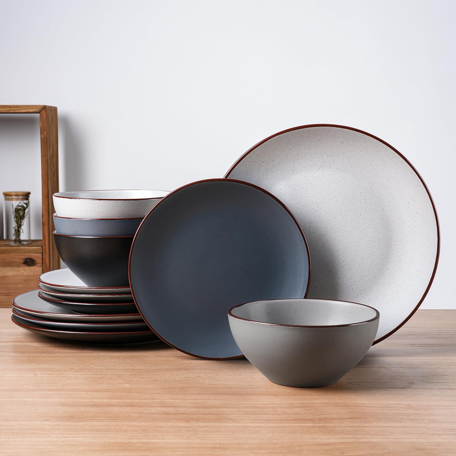 Photo 1 of Famiware Venus Plates and Bowls Sets, 12 Pieces Stoneware Speckled Dinnerware Sets, Dishes Set for 4, Microwave and Dishwasher Safe, Matte Multi-color