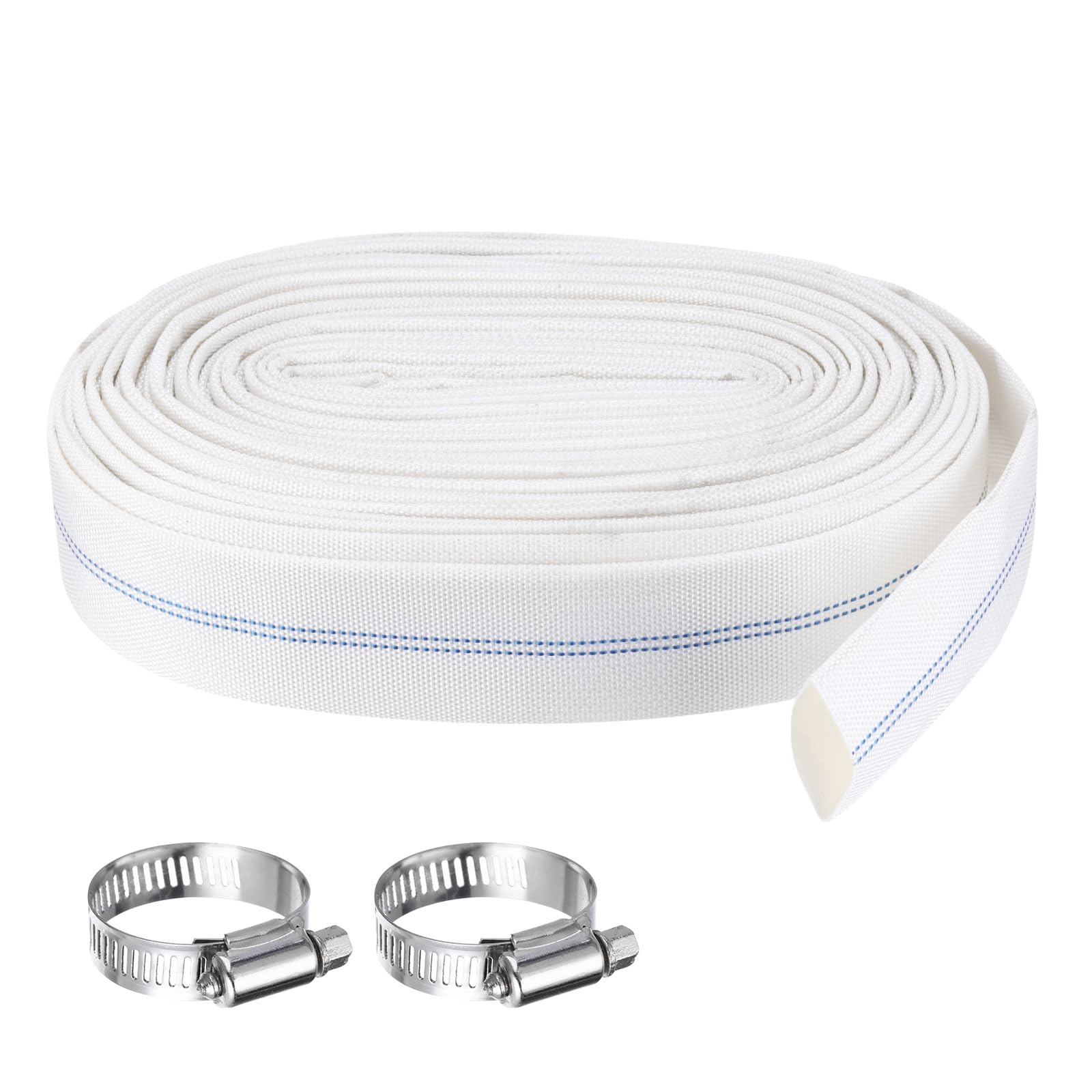 Rebower Pool Backwash Hose, 1.2 Inch x 62ft Reinforced Drain Hose PVC Lay Flat Water Discharge Pump Hoses for Pool Filter Swimming Pump, with 2pcs Clamps, White