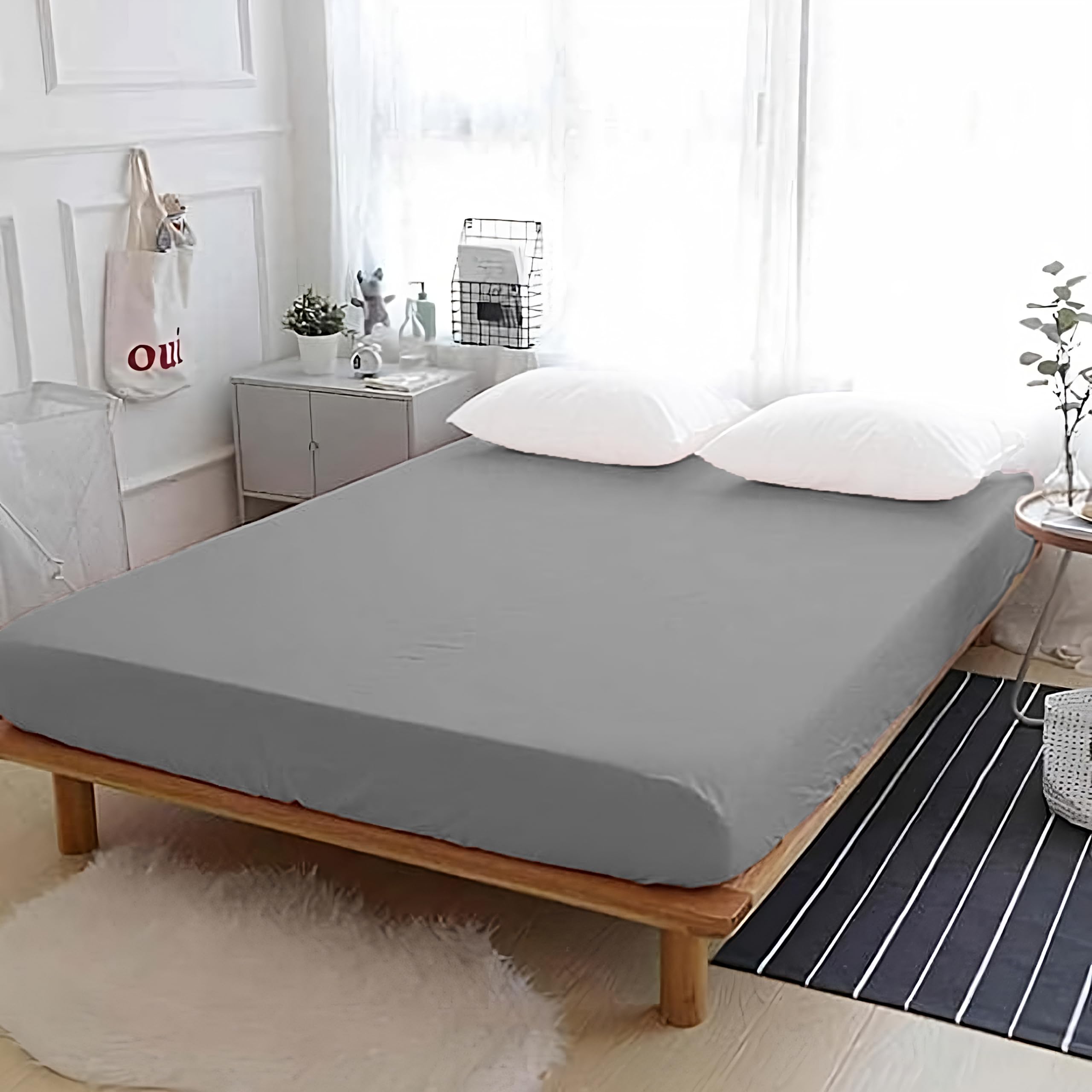 APEX FURNISHINGS Double Fitted Sheet, Grey, 100% Egyptian Cotton deep fitted sheets double bed 300 Thread Count 300 TC Easy Care, Breathable Bed Sheets (140x190cm)