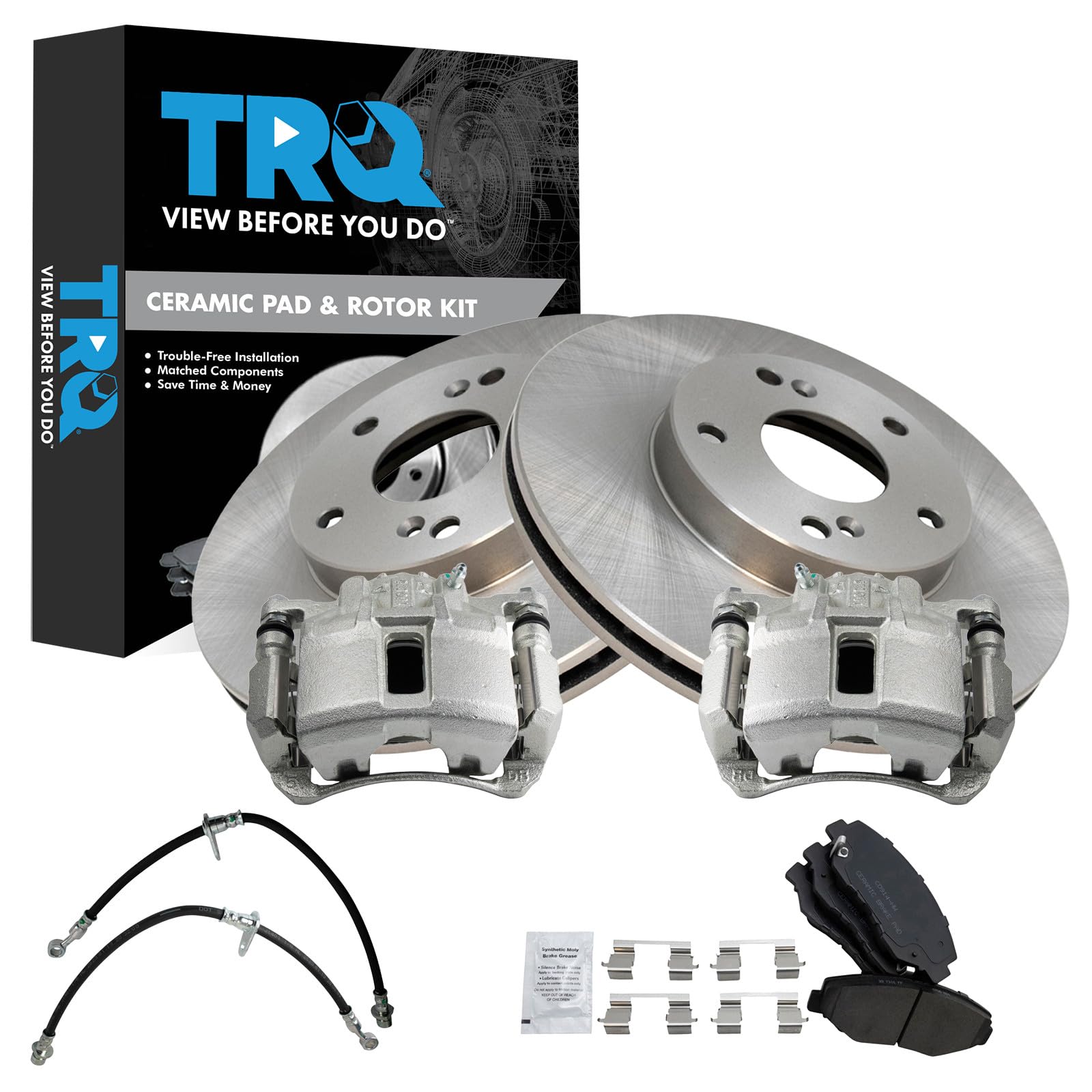 TRQ Front Brake Pad and Rotor Set Ceramic Calipers Hoses Compatible with 2005 Honda Accord SE V6 Image