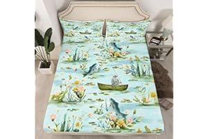 Erosebridal Fishing Full Fitted Sheet,Fisherman and Fish Bedding Set for Kids Boys Girls,Big Pike Bass Fish Bed Sheets,Rustic Lake House Flower Bed Set 3Pcs Bedroom Decor (No Flat Sheet)