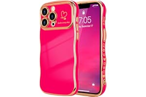 LCHULLE for iPhone 13 Pro Max Case for Women Girls, Cute Wave Frame Curly Shape with Love Heart Raised Camera Protection Cover Luxury Plating Shockproof Phone Case for iPhone 13 Pro Max, Hot Pink