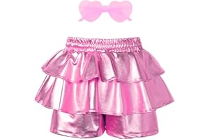 MIRAWISE Girls Pleated Metallic Shorts Shiny Sparkle Ruffle Scooter Skater Dance Elastic Waist Rave Pants with Sunglasses for 6-13Y