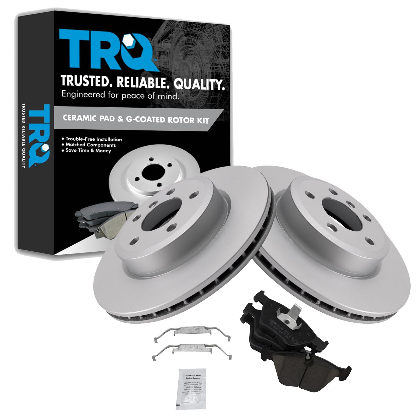 TRQ Front Brake Pad and Rotor Set Ceramic G Coated Vented Rotors Compatible with 2004-2010 BMW X3 Image