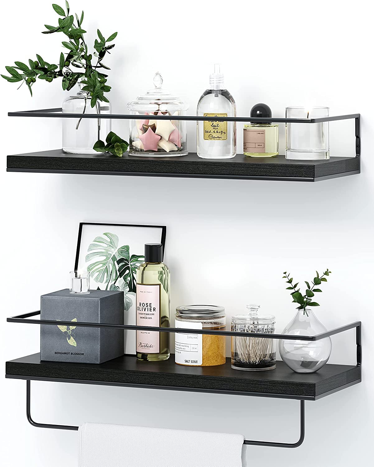 NUCAZA Black Floating Shelves Wall Mounted Set of 2 With 18kg Weight Capacity, Hanging Wall shelves for Bedroom, Kitchen, Bathroom, Living Room, Home Office, Storage Organiser - Solid Wood Shelf