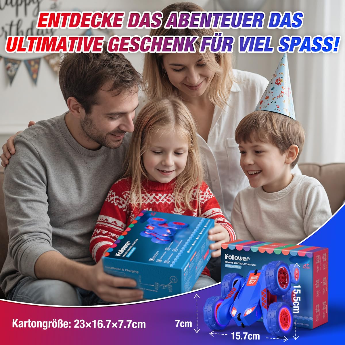 Duales Direktladung Ferngesteuertes Auto,Lädt Auto und Controller über USB,2.4G 360°Drehung Monster Truck mit Buntes LED-Licht,4WD Stunt Spielzeugauto Geschenk für Kinder Jungen Mädchen ab 3-12 Jahre 6