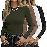 Ficerd 4 Pack Women's Long Sleeve Crop Tops Fitted Crew Neck Tight Shirts Casual Cotton Basic Y2k Going Out Stretchy Tees