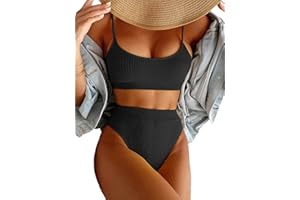 JJAI Womens High Waisted Bikini Set Ribbed Two Piece Bathing Suits Swimsuit Spaghetti Strap Swimwear