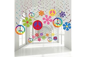 OUTUS 60's Hippie Theme Party Foil Swirl Decorations, 60s Groovy Party Retro Flower Cutouts Peace Sign Hanging Swirls Ceiling Decorations for Hippie Theme Groovy Supplies, 30 Count(Simple)