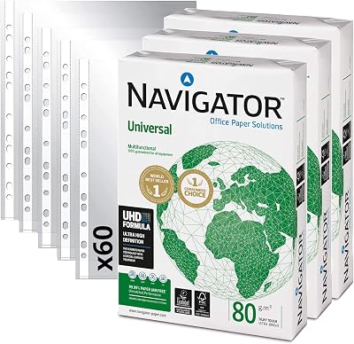 Pack Universal Navigator A4 80gr + Tampas de plástico com múltiplos furos, pacote de folios Din A4 - Ofituria (1500 folhas + 60 tampas)