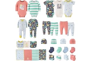 The Peanutshell Baby Layette Gift Set for Baby Boys or Girls - 30 Piece New Born Unisex Gift Set, Clothes & Newborn Essentials Must Haves - Clothes 0-3 Months - Happy Camper