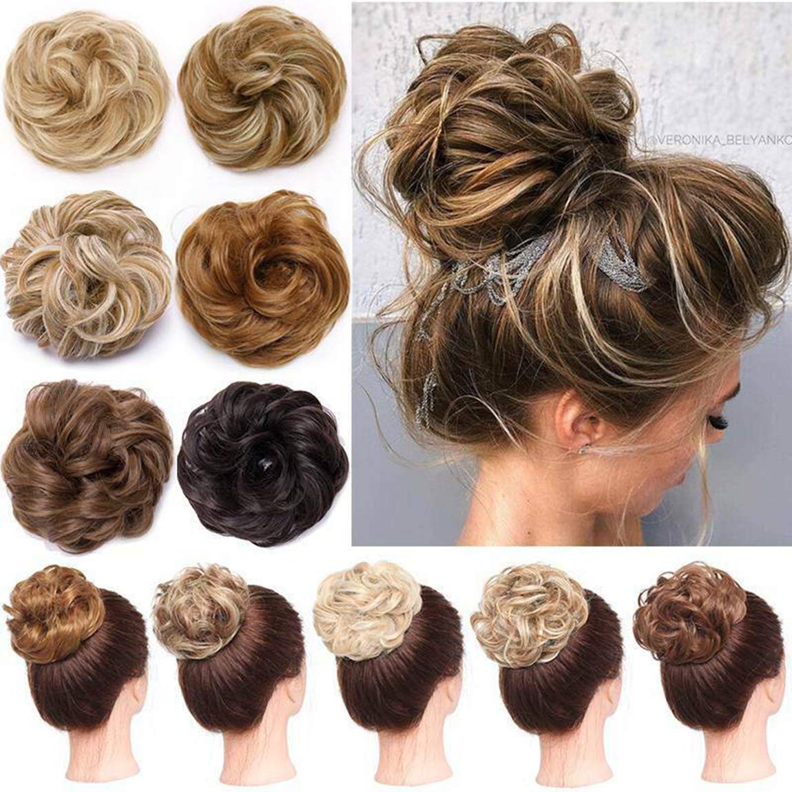 Women Messy Hair Scrunchy Scrunchie Bun Up Do Hair Piece Hair Ribbon Ponytail Hair Extensions Wavy Messy Coffee Brown to Bleach Blonde