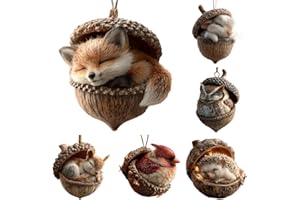Pine Cone Animal Ornament, Woodland Acorn Forest Creature Figurine for Christmas Tree Decoration, Acrylic Miniature Sleeping 
