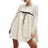 MISSACTIVER Women Long Puff Sleeve Flowy Mini Dress Cute Bow Tie Front Babydoll Dress Trendy Embroidered A-line Tunic Dresses