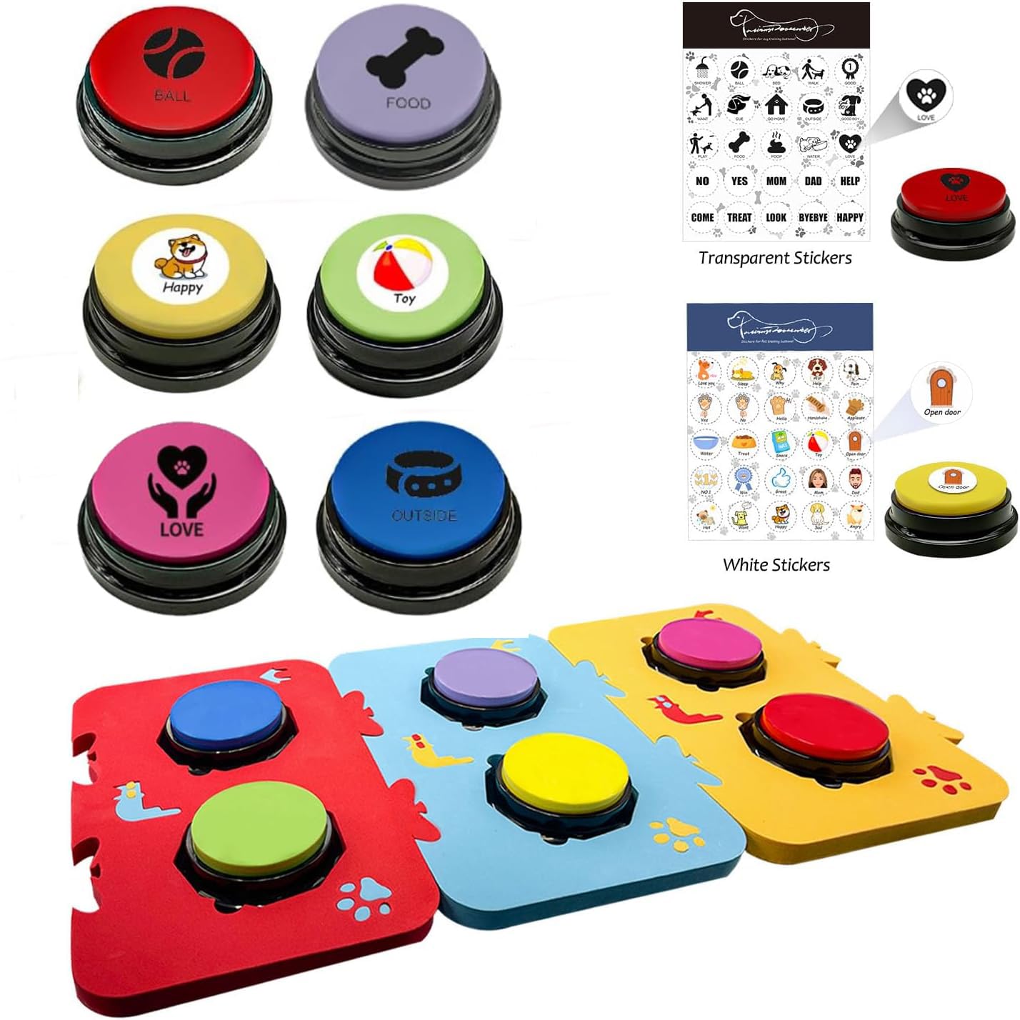 BUYVIKAY Set of 6 Color Dog Buttons with Three Mats and Stickers, Dog Training Buzzer, Dog Communication, Record & Playback Your Own Message to Teach Your Dogs Voice What They Want