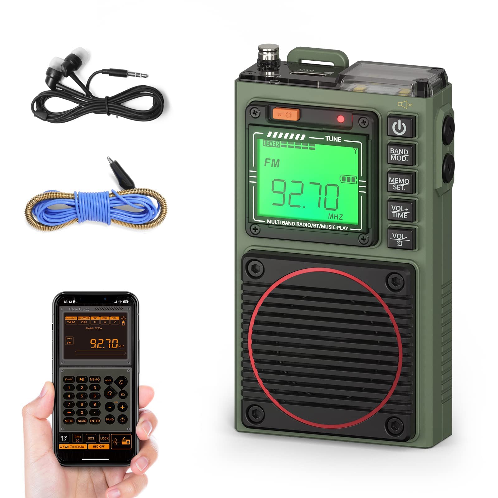 Raddy RF75A APP Control Shortwave Radio, Portable AM/FM/VHF/SW Receiver with Bluetooth, Pocket Radio Rechargeable w/ 9.85 Ft Wire Antenna