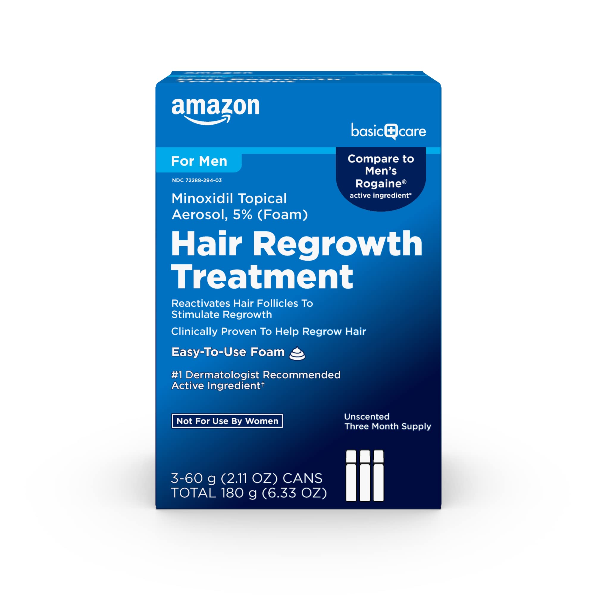 Amazon Basic Care Minoxidil Topical Aerosol, 5% Foam, Hair Regrowth Treatment for Men, Unscented, 2.11 oz, 3-Month Supply (3-Pack)