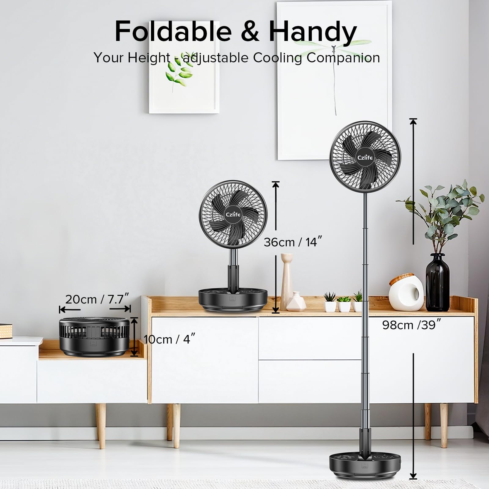 F9 Portable Fan, 10000mAh Rechargeable Battery Powered for Travel Sleeping Camping Bedroom Outdoor, Cordless Floor Desk Fan, Oscillating Folding USB Fan with Remote, 4 Speed, Timer, 7.7