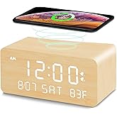 Andoolex Wooden Digital Alarm Clock with Wireless Charging, 0-100% Adjustable Brightness Dimmer and Alarm Volume, Weekday/Wee