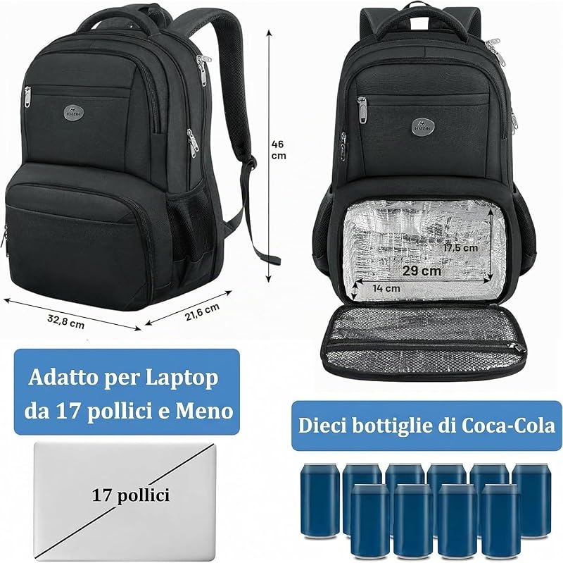 Zaino Porta PC Porta Pranzo Termico, Zaino Lavoro Uomo Donna Grande