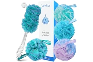 Bathflor Loofah Sponge, 6-in-1 Loofahs for Men Women, 80g Large Shower Loofah Exfoliating Body Scrubber, 4 Bath Sponge Loofa Packs, 1 Loofah with Handle Body Wash Back Scrubber, 1 Luffa Hook, Colors