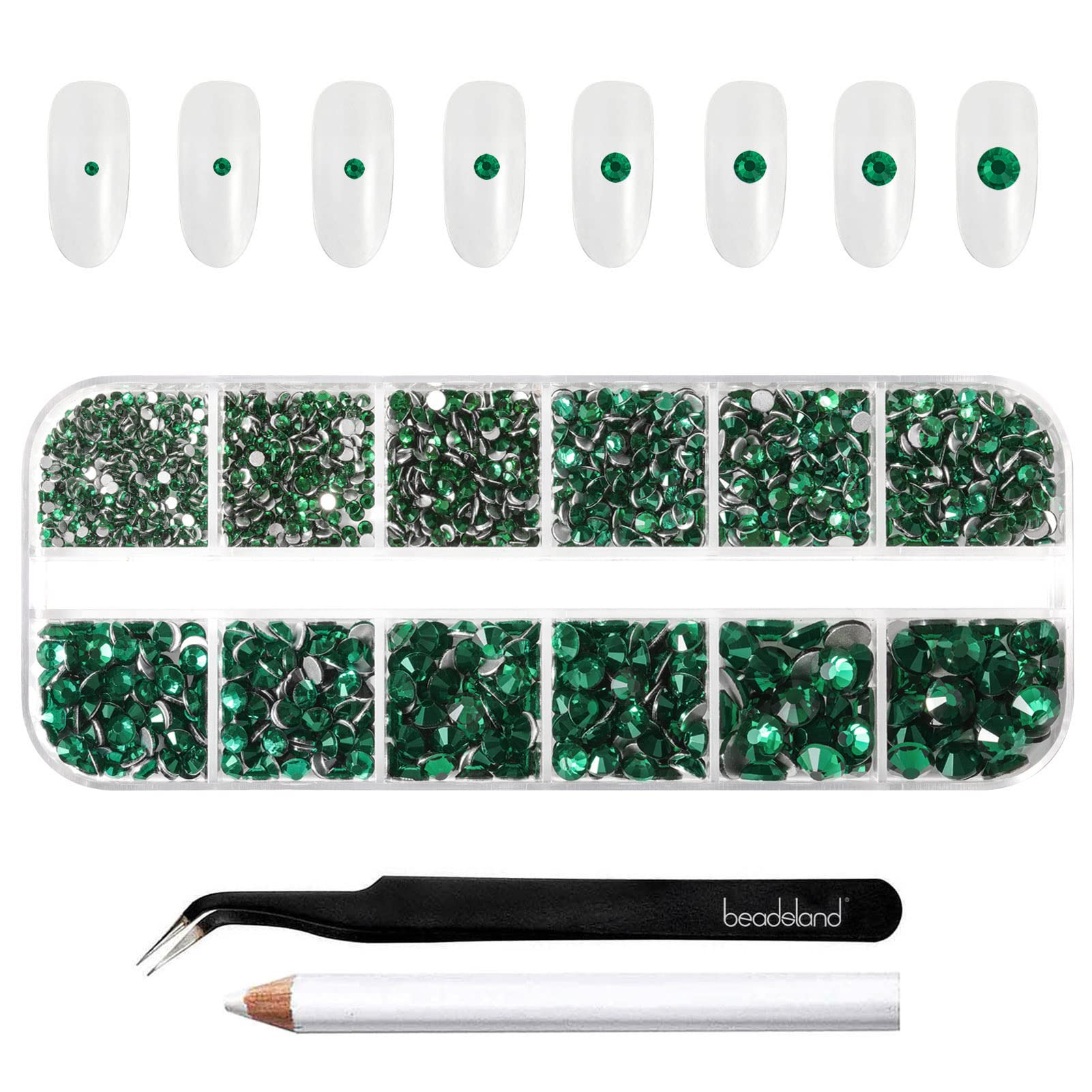 Beadsland Rhinestones for Makeup,8 Sizes 2500pcs Green Flatback Rhinestones Face Gems for Nails Crafts with Tweezers and Wax Pencil,Emerald,SS4-SS30 — image 1