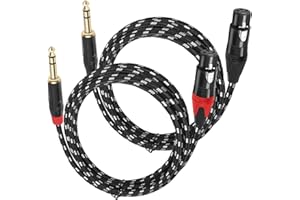 JOZZAI XLR Female to 1/4 (6.35mm) TRS Mono Jack Microphone Cable, 6.6 FT, 2 Pack, Black and White Grid Protective Layer, Balanced 3 Pin XLR to Quarter inch TRS Plug Mic Cord, Pure Copper and Plated Pin