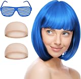 Aomig Short Bob Wig 4 Pack Blue Set with Sunglasses Cap Neon Fancy Dress Cosplay view 7