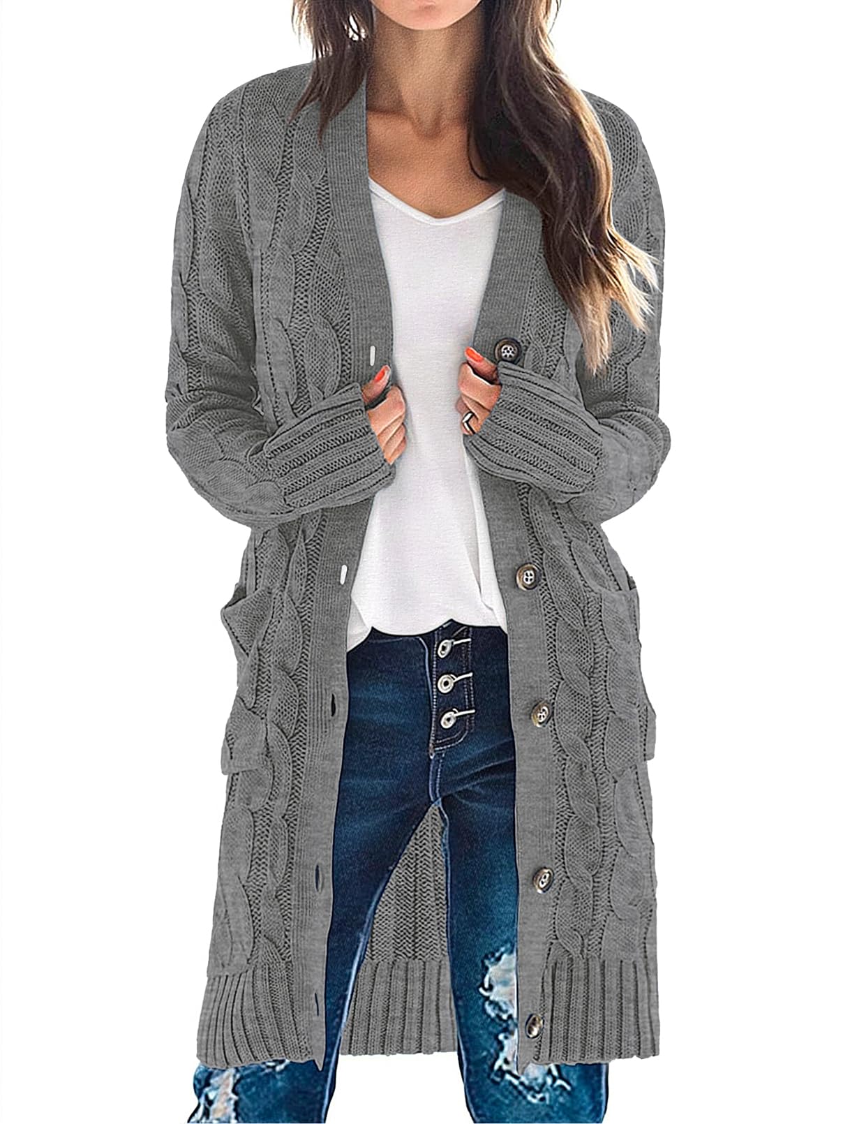 Photo 1 of MEROKEETY Women's 2025 Long Sleeve Cardigan Sweater Fall Winter Cable Knit Open Front Button Long Outerwear, Charcoal, XL
