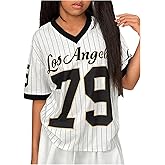 BEAUDRM Girl's Jersey Shirt Number Letter Print Jerseys Summer Striped Sport Football Shirt V Neck Loose T Shirt