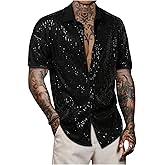 VIPWOLF Men's Sequin Button Down Shirts Sparkle 70s Disco Short Sleeve Party Shirt Tops