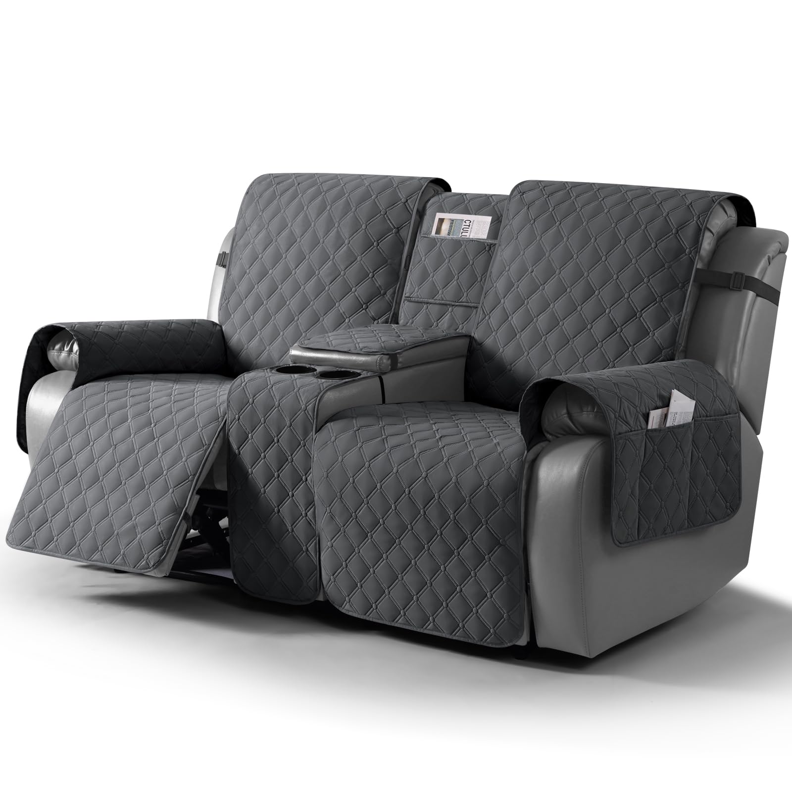 Photo 1 of TAOCOCO 100% Waterproof Loveseat Recliner Cover with Center Console, Reversible Reclining Couch Cover for 2 Seats with Leg Straps, Washable Split Sofa Cover Protector for Pets Kids (Deep Gray)