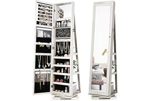 COSTWAY 360 Rotating Jewelry Armoire Cabinet, Standing Jewelry Organizer w/Full-Length Mirror & Large Storage Space, Lockable
