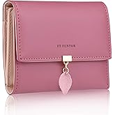 FT FUNTOR RFID Wallets for Women, Leaf Card Holder Trifold Ladies Wallets Coins Zipper Pocket with ID Window Deep Pink