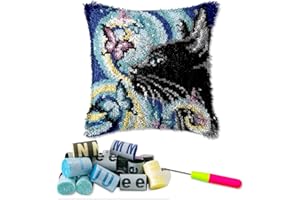DL-YTG Latch Hook Kits Pillow Black Cat Left Crochet Yarn Cushion Colour Pre-Printed Canvas Rug Needlework DIY Pillowcase Hook and Latch Kit Christmas Home Crafts Sofa Decoration 42x42cm/16X16inch