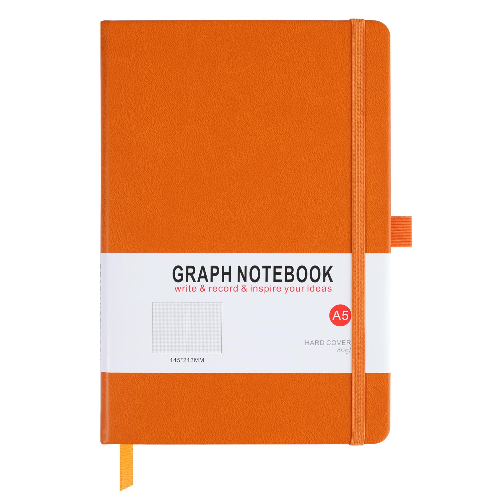 A5 Graph Paper Notebook, Squared Notebook 200 Pages A5 Hardback Notebook with Pen Loop, and Inner Pocket, for Office School Home Business Writing & Note Taking (Orange)