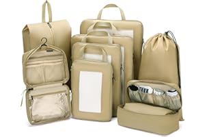 Dec-Mec Compression Packing Cubes for Travel, 8 Set Packing Cubes with Toiletry Bag for Travel Accessories Luggage Suitcase Organizers Bag, Travel Essentials or Women/Men (Tan,8pc)