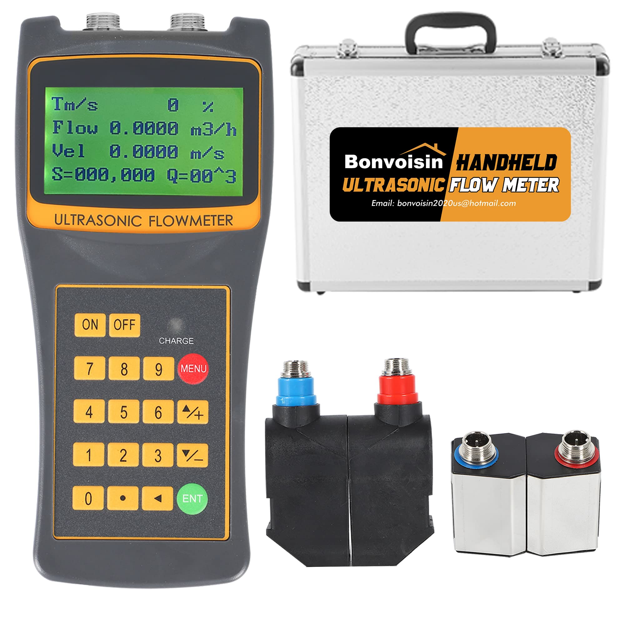 Photo 1 of Bonvoisin Handheld Ultrasonic Flow Meter Portable Clamp on Flowmeter with Data Output S1+M2 Sensors for Seawater Alcohol Industrial Sewage DN15-700mm (1/2-28")