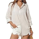 SOLY HUX Women's Striped Shirt Button Down Collared 3/4 Sleeve Casual Blouse Tops