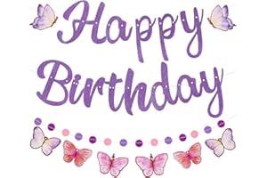 Danadia Pre-Strung Happy Birthday Banner, Purple Birthday Decorations with Butterflies and Circle Dot Garland, NO DIY Butterfly Party Decorations for Women Girls