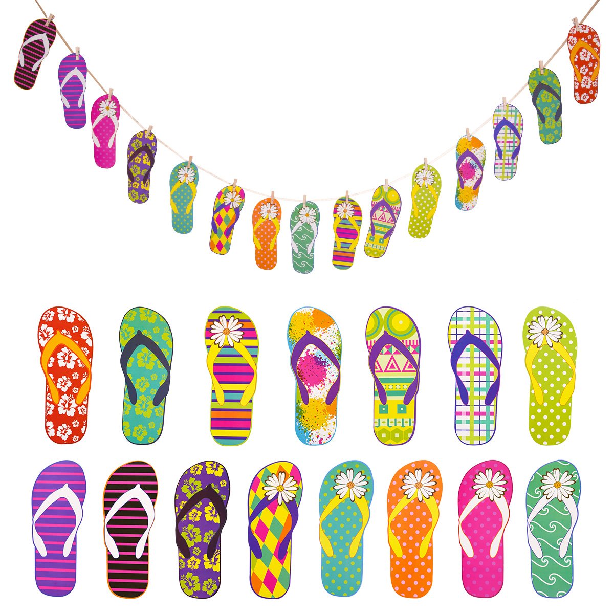 HOWAF Hawaiian Party Banner, Hawaiian Tropical Hibiscus Flowers Flip Flops Party Decor Summer Garland Bunting for Hawaiian Luau Party Jungle Beach Theme BBQ Birthday Party Decorations Supplies