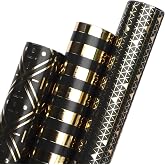 Ribbli Birthday Wrapping Paper Black and Gold Gift Wrapping Paper for Men Fathers Day Husband Boyfriend Mini Roll, 3 Rolls Stripe Geometry Pattern - 17 inch x 120 inch(10feet) Per Roll