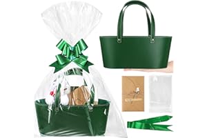 Wonderjune Christmas Baskets for Gifts Empty to Fill Leather Gift Basket With Gift Bags Ribbons Greeting Cards Cute Empty Baskets With Handles For Baby Shower Birthday Favor Wrapping(Green,Large)