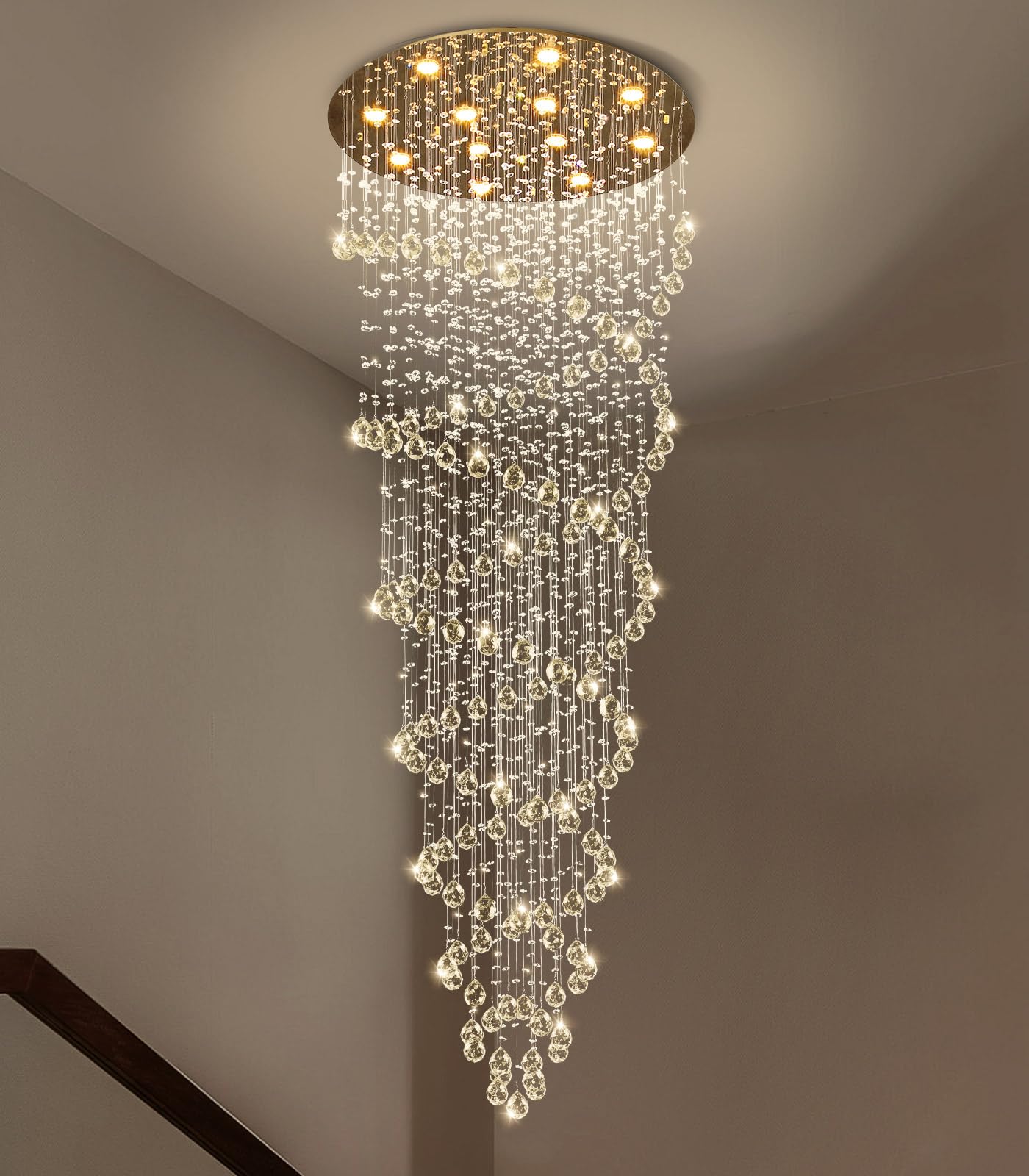 Photo 1 of ***FOR PARTS ONLY/ MISSING ASSEMBLY PIECES**** cenozo Modern Large Crystal Chandelier for Foyer Raindrop Chandeliers LED Dimmable High Ceiling Flush Mount Light Fixtures for Staircaes Hallway Entryway Rain Lamp LED Bulbs Included 99'' Gold