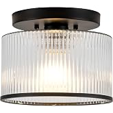 Zlepmlla Glass Ceiling Light, Clear Ribbed Glass Ceiling Light Fixture with Black Metal Frame, Modern Semi Flush Mount Ceiling Light for Hallway, Bedroom, Bathroom, Entryway, Kitchen