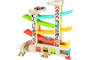 TOP BRIGHT Car Ramp Toy for Toddler, Baby Race Track Vehicle Playsets with 4 Wooden Cars, 2 Parking Lots, 1 Gas Station and 5